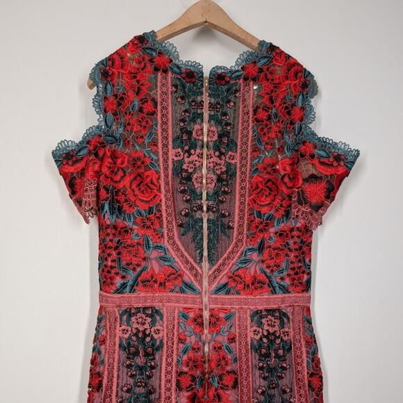 Marchesa Notte Carmelita Red Pink Floral Lace Midi Dress Cold Shoulder Size 8 - Picture 6 of 10